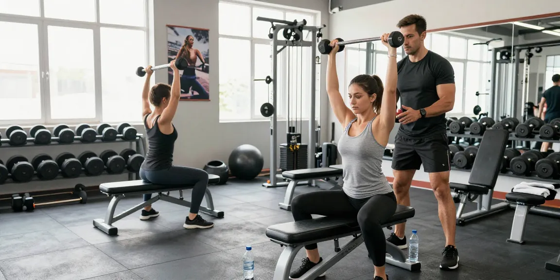 Beligas Shop: Trainers demonstrating strength-building techniques in a vibrant gym setting.