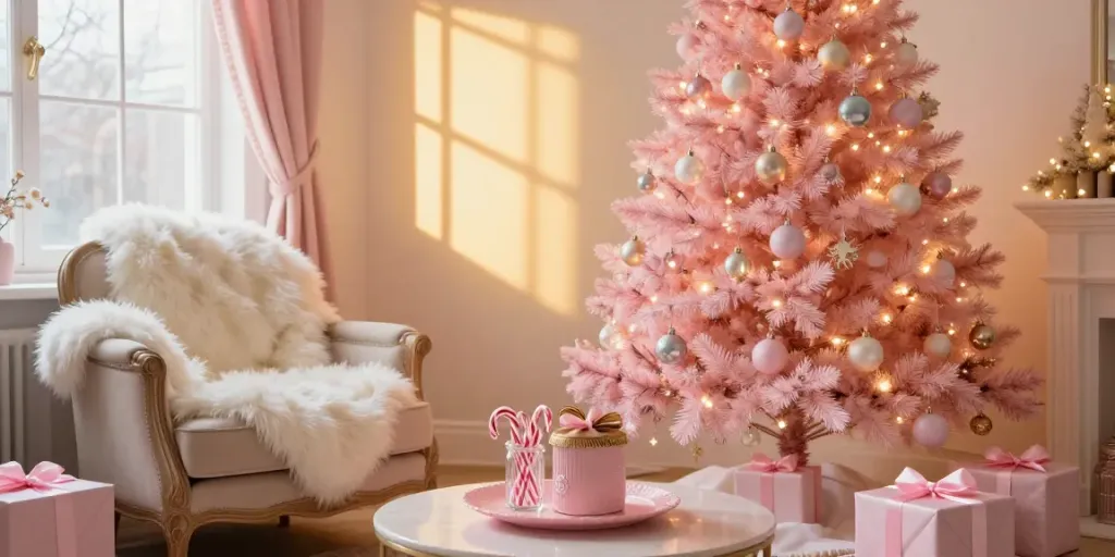 Cozy living room with pink xmas decorations and a vibrant pink Christmas tree.