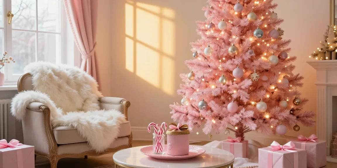 Cozy living room with pink xmas decorations and a vibrant pink Christmas tree.