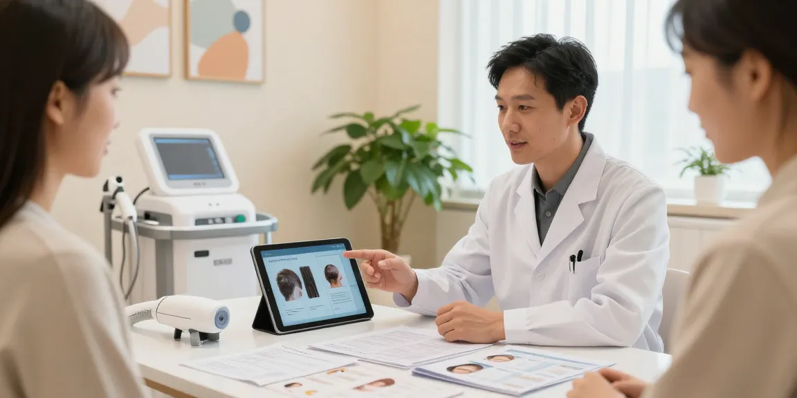 医療脱毛+クリニックを紹介する現代的なクリニックでの相談シーン、医療従事者と患者が共に、温かい雰囲気を強調。