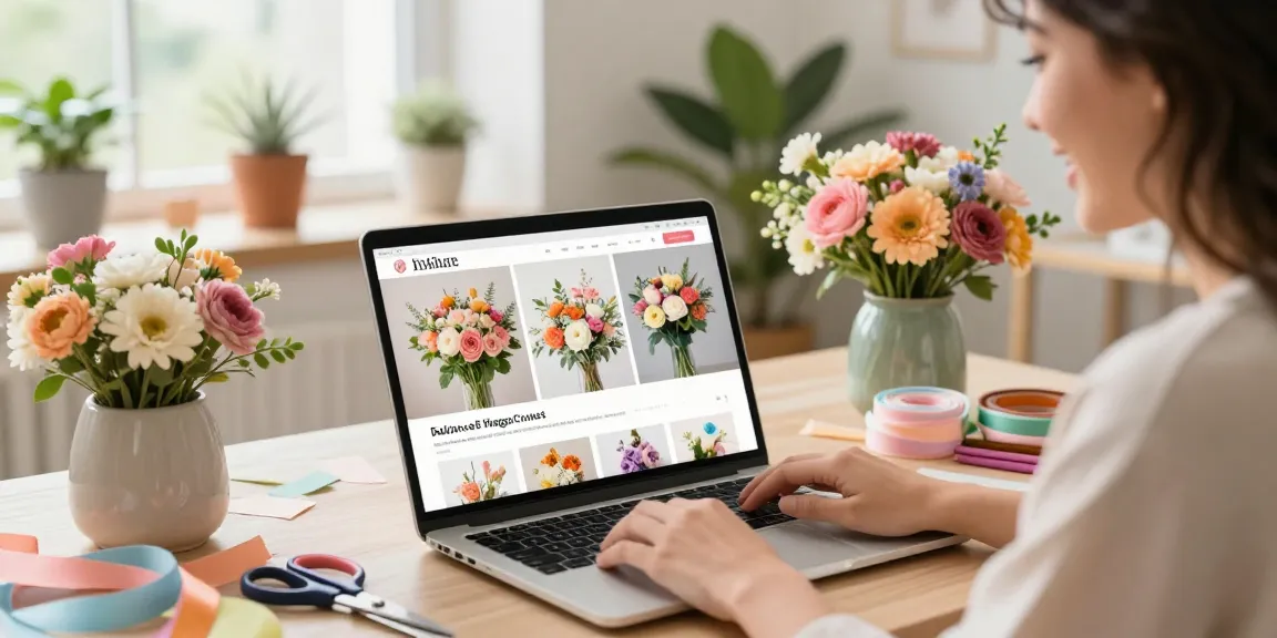 Cheerful customer exploring MODALWD online flower shop with vibrant designs.