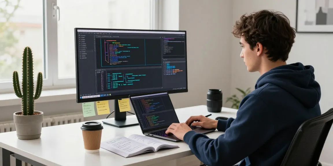 Programmer utilizing an openclaw skill in a modern workspace with dual monitors and a laptop.