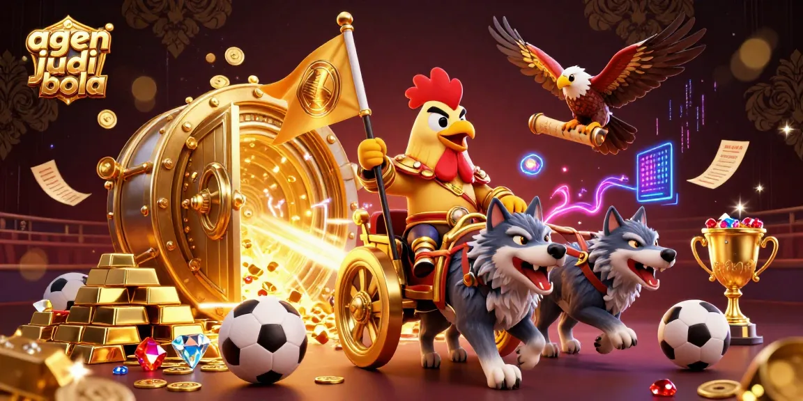 Bet on agen judi bola with a dynamic scene showcasing a rooster warlord, gold treasures, and exciting sports elements.