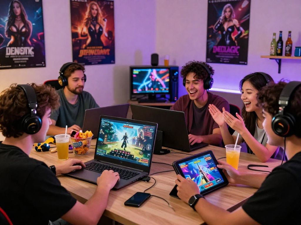 Play porngames online with friends in a lively gaming room, featuring multiple devices and vibrant decorations.