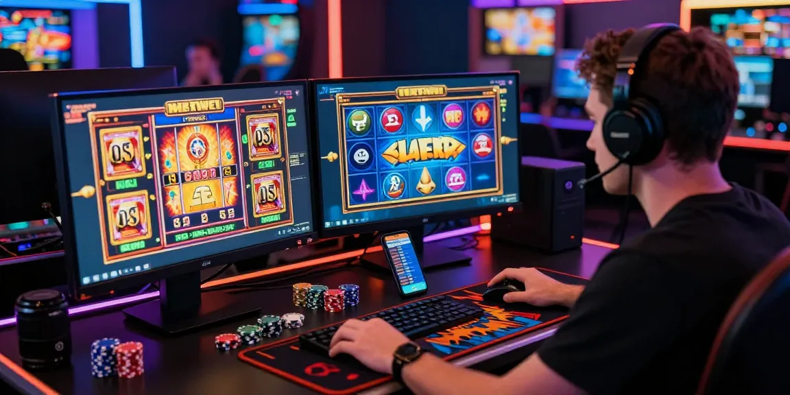 Engaged user at a raja328 link gaming platform with vibrant slot games on dual monitors in a dynamic environment.