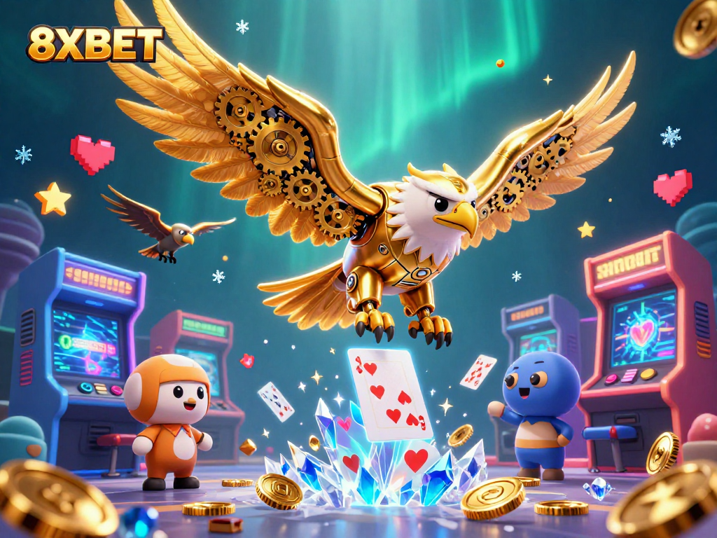 Experience thrilling gameplay at 8XBET with vibrant characters and casino elements in a stunning scene.