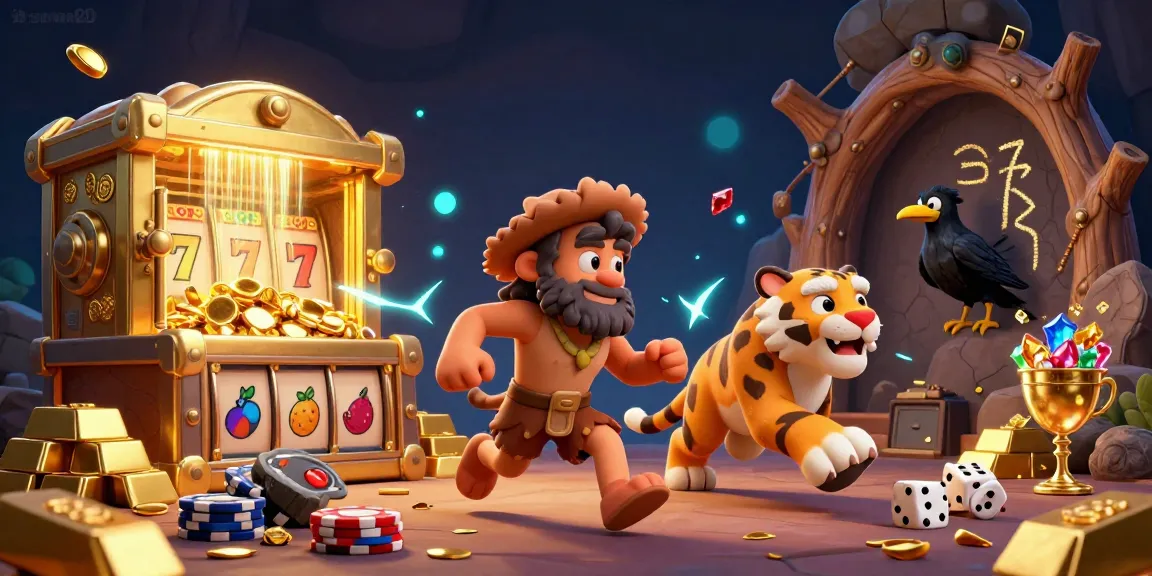 Engage with sunwin20 at a vibrant 3D casino scene featuring cavemen and treasure.