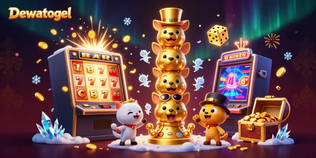 Experience Dewatogel excitement with dynamic casino-themed 3D illustration featuring vibrant characters and symbols.