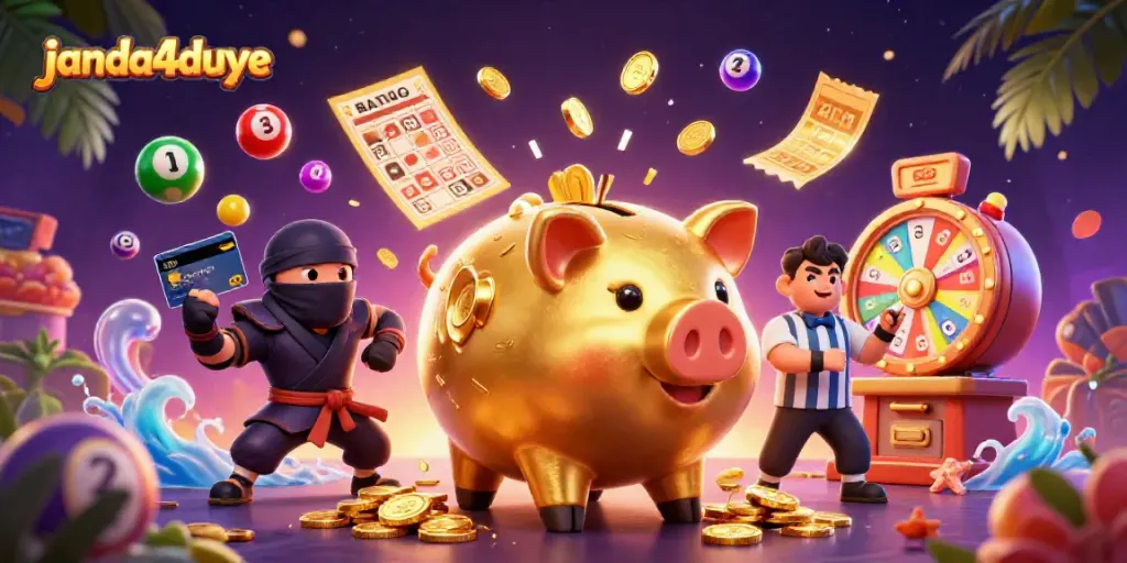 Janda4duye menghadirkan momen menang dengan karakter celengan dan ninja bertarung dalam lotere.