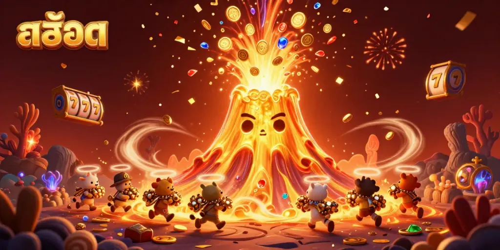 Get ready to spin the สล็อต reels with a golden volcano erupting treasures and vibrant celebration effects!