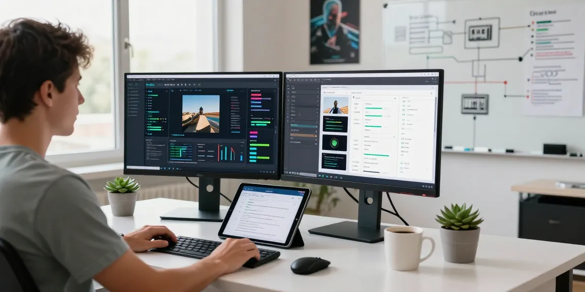 AI image checker interface in a modern workspace with dual monitors.