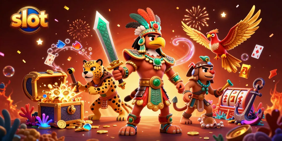 Win big with slot games featuring Aztec warriors, gold coins, and vibrant casino elements.