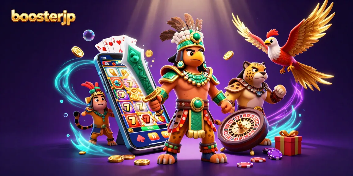 Engage with boosterjp's thrilling slot game excitement and big wins in this vibrant illustration.