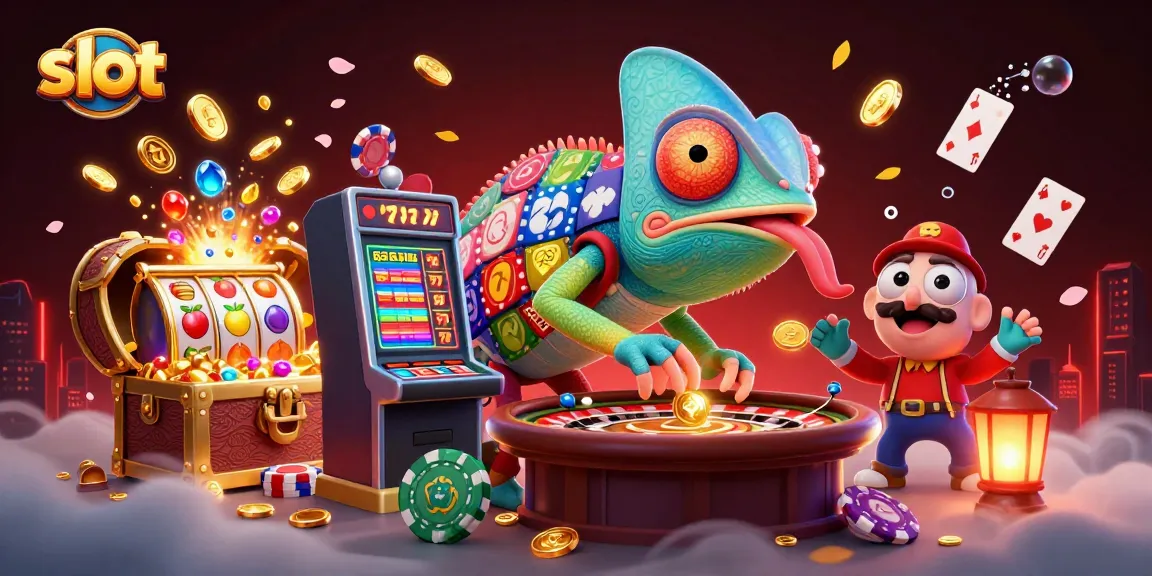 Engage with exciting slot games and vibrant casino fun, featuring colorful slot reels and dynamic characters.