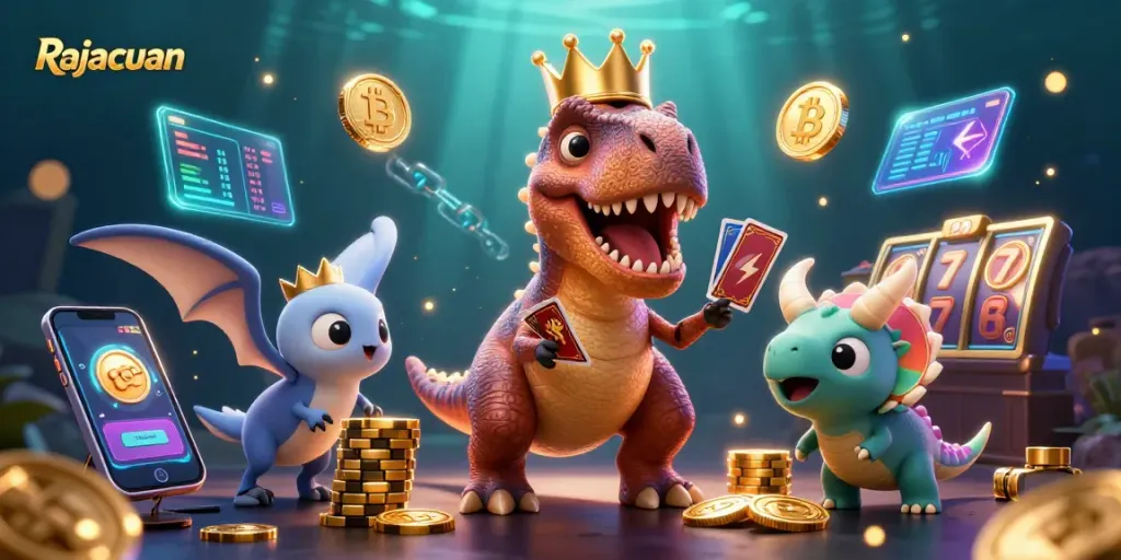 Engage with Rajacuan's exciting slots while a T-Rex shuffles cards and a triceratops stacks golden chips.