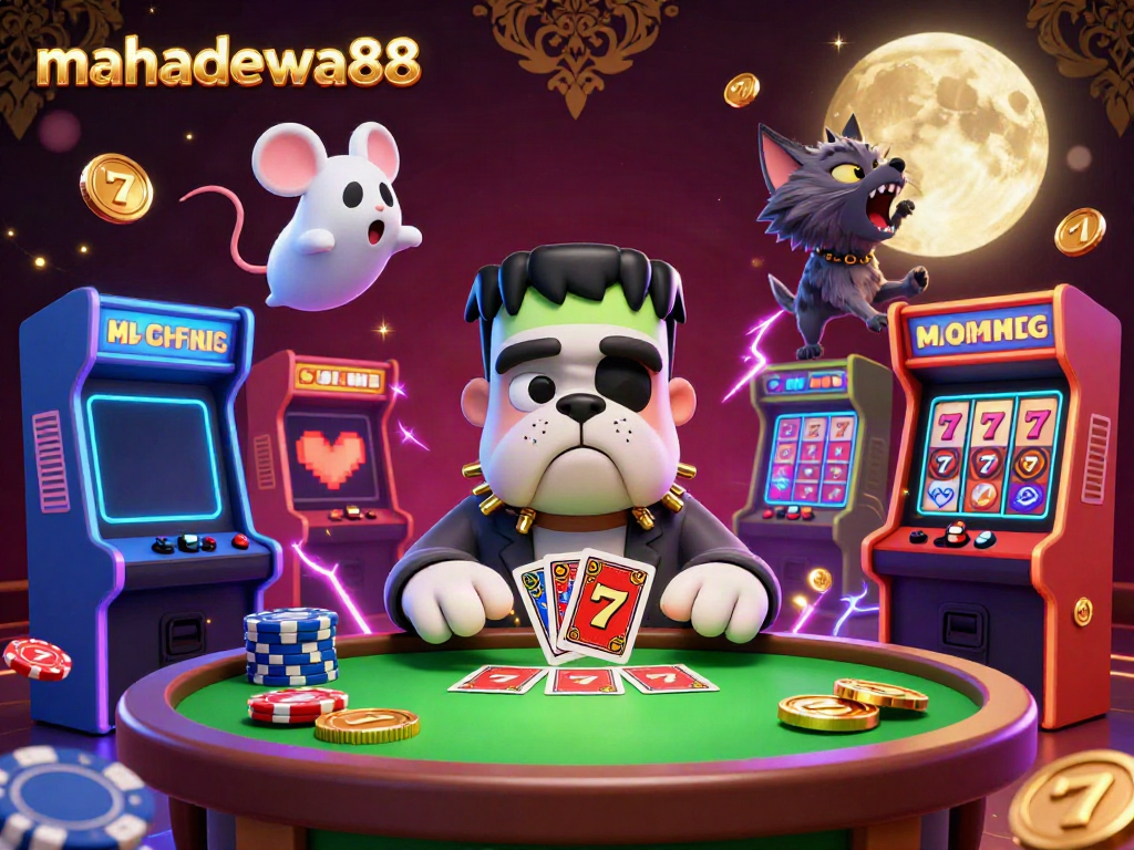Experience thrilling slots with mahadewa88 featuring a lively scene of a bulldog dealer and vibrant gaming elements.