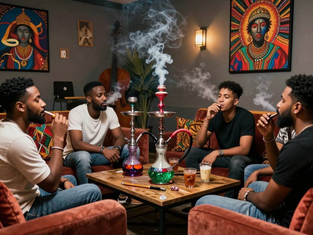 Group enjoying rokok88 tobacco in a cozy smoking lounge with elegant decor.