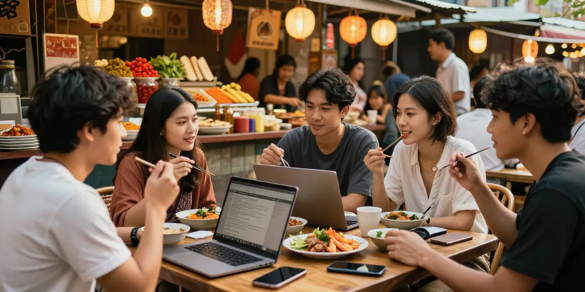 Friends indulging in Asian cuisine while discussing articles from https://hanadultalk.com in a vibrant market setting