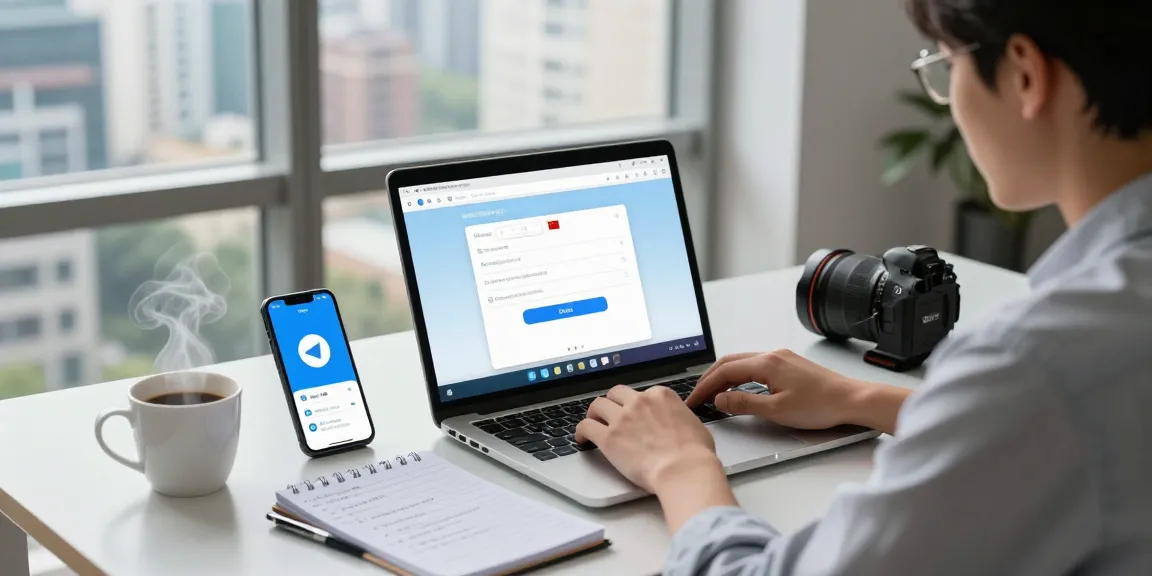How to navigate the Telegram China registration guide at a modern workspace with VPN tools and urban skyline.