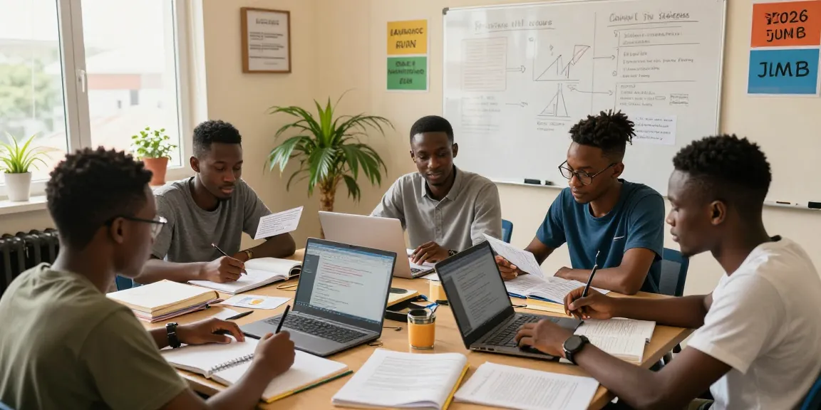Students collaborating in a study session for 2026 ijmb runz, with textbooks and laptops.