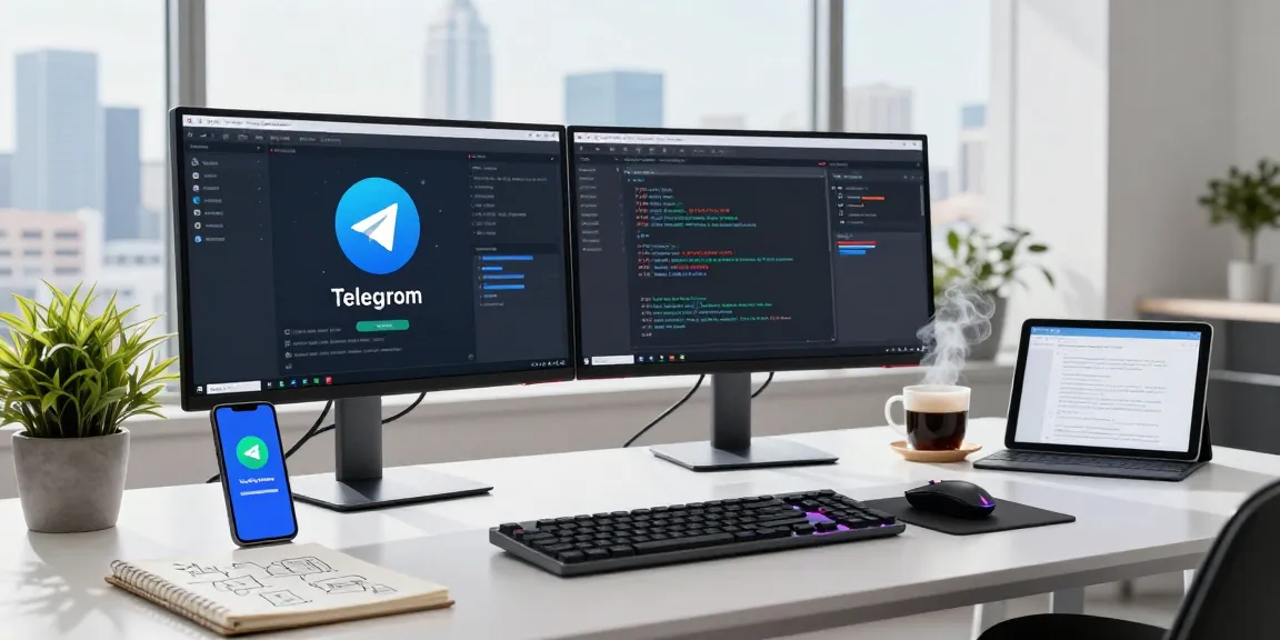 Developer coding on telegramin-cn.com in a vibrant modern workspace with tech gadgets and city view.