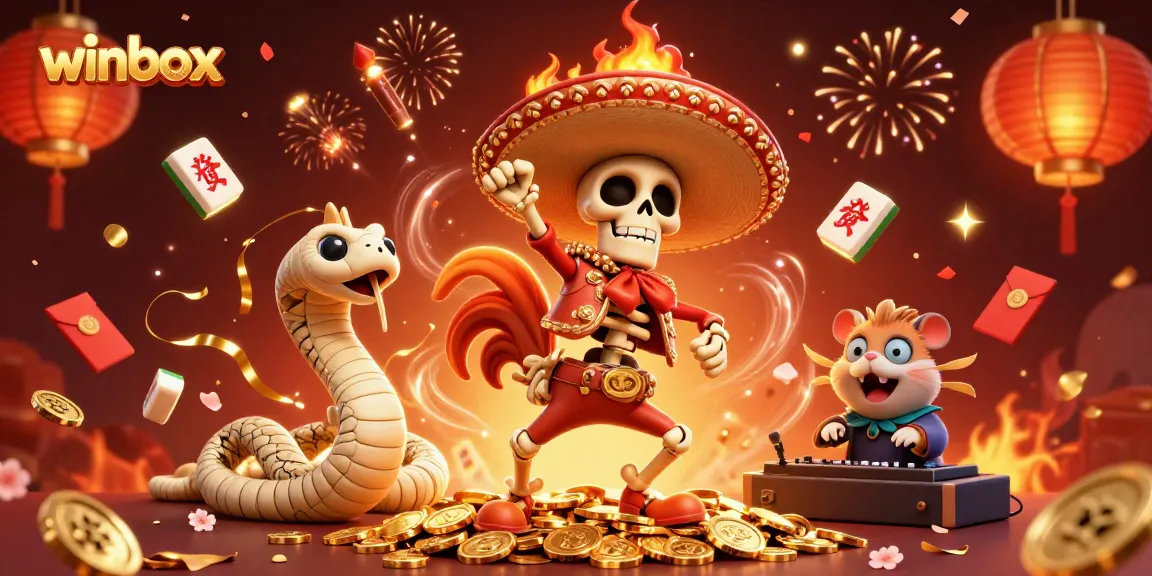 Winbox casino vibrant celebration scene with skeleton mariachi and gold coins