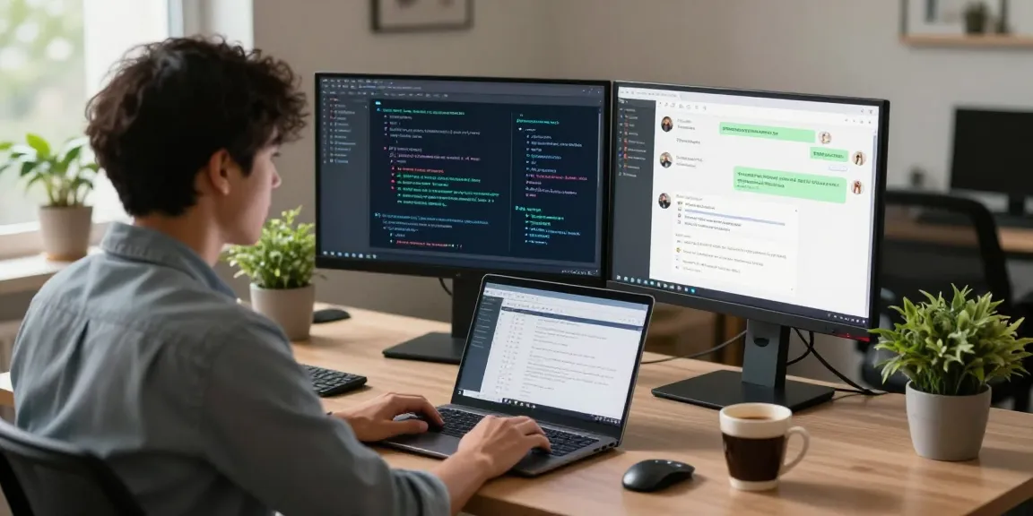 Developer utilizing openclaw AI assistant in a modern home office environment, showcasing dual monitors and a coffee cup.