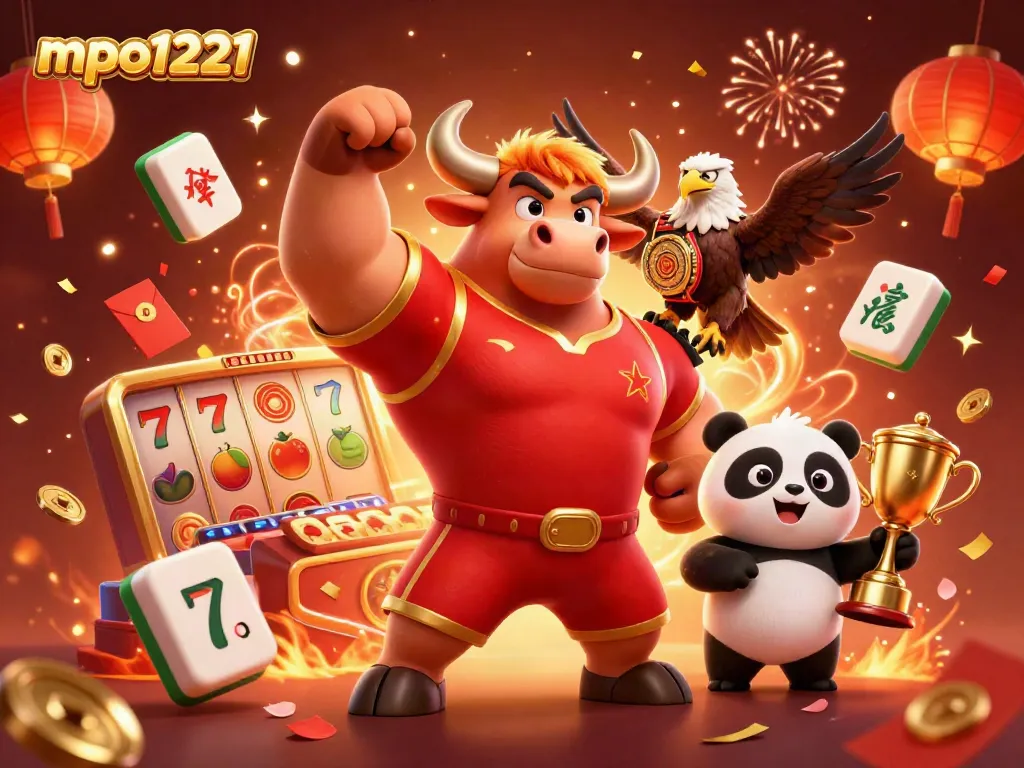 Join the mpo1221 celebration with a muscular bull mascot, eagle, and panda amidst vibrant casino symbols.