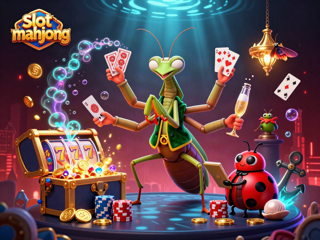 Experience the excitement of slot mahjong in a vibrant casino scene with unique characters.