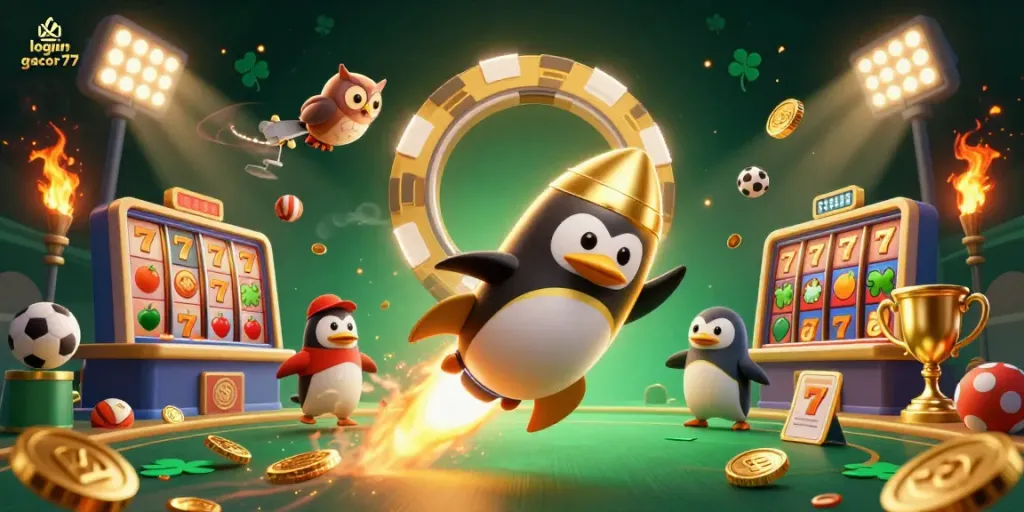 Login gacor77 dan slot keberuntungan semarak dalam gambar 3D penuh warna yang dinamis.