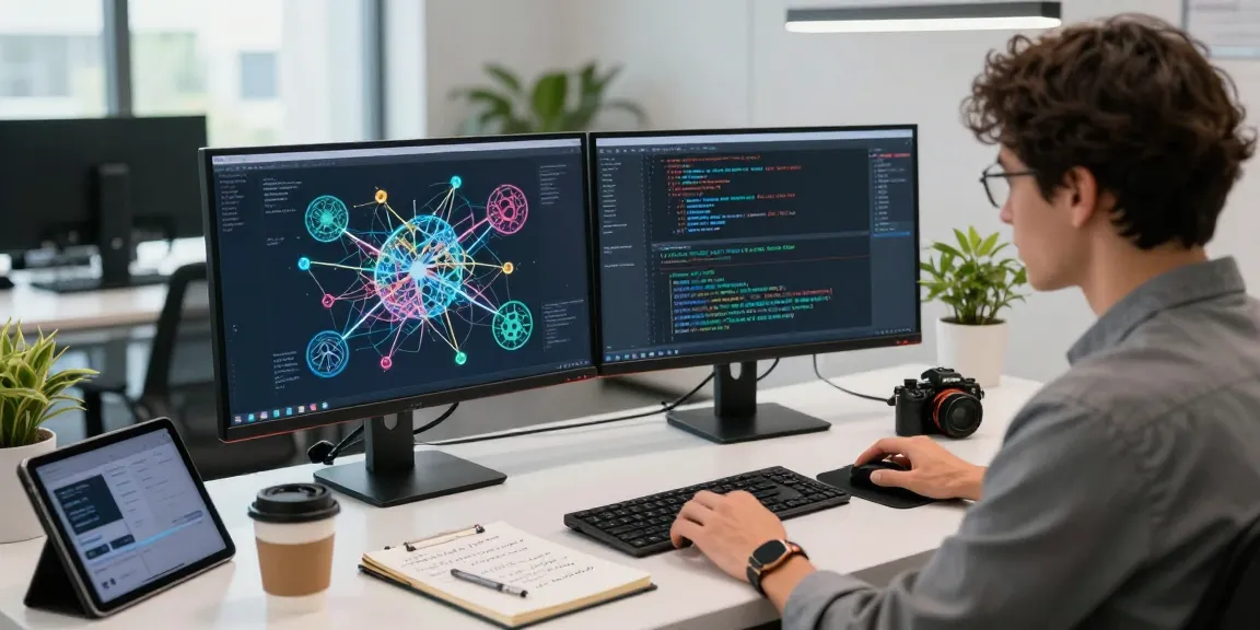 Data scientist analyzing large language models in a modern office, dual screens displaying advanced algorithms.
