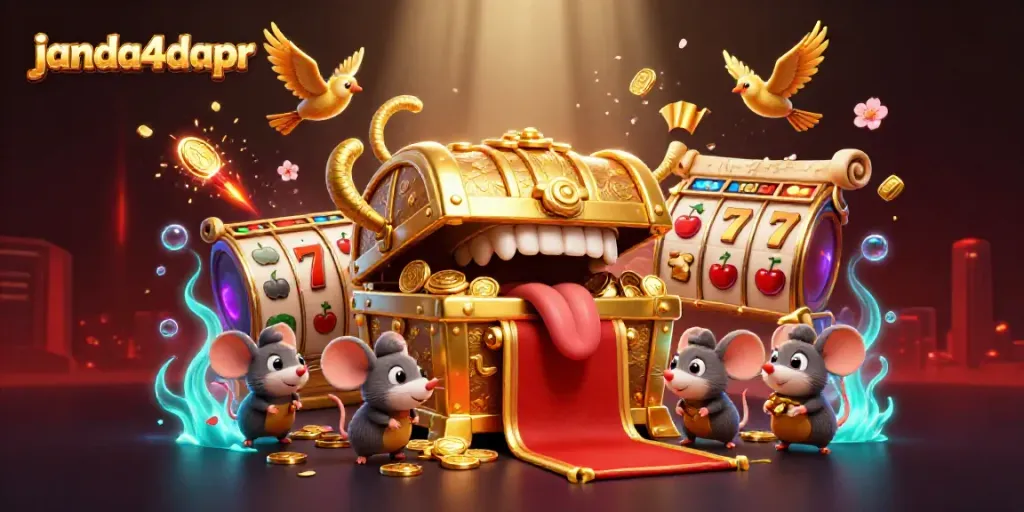 Menggoda pemain dengan kekayaan di janda4dapr, ilustrasi peti harta karun yang unik dan elemen permainan slot yang berkilauan