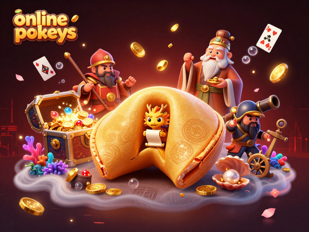Spin for joy with online pokies featuring a dynamic illustration of a fortune cookie and treasures!