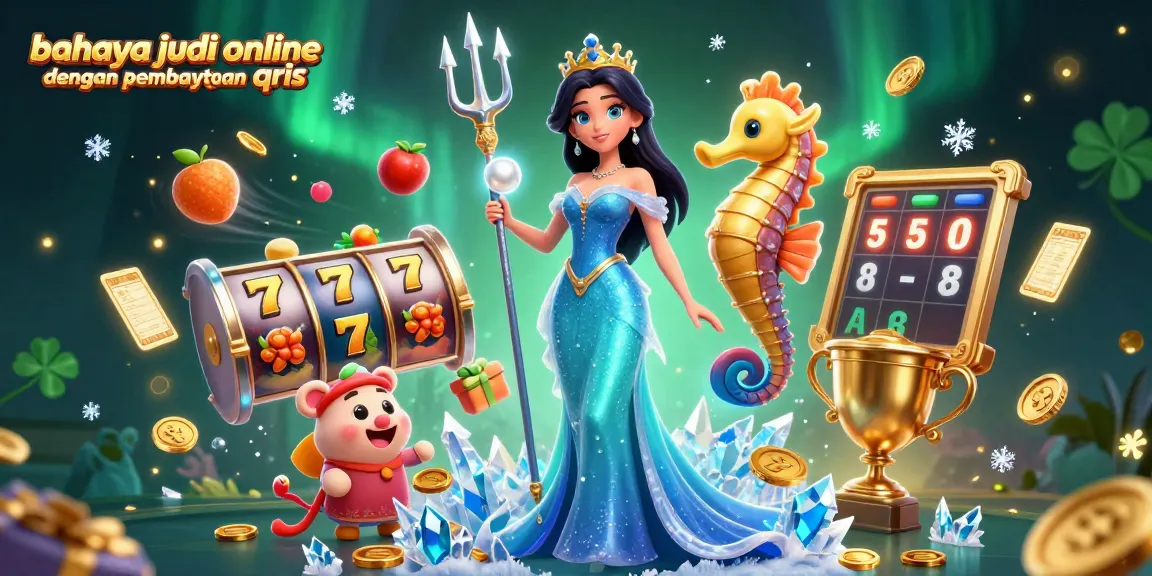 Engage with the dangers of online gambling payment QRIS through vibrant casino-themed illustration.