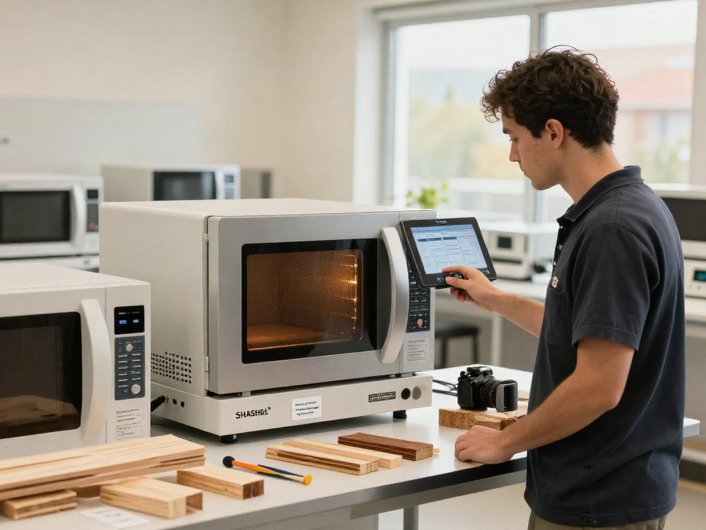 SHASHEL® microwave technology efficiently eliminating wood-boring insects in a modern workspace.