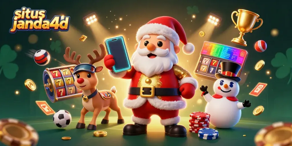 Menggandakan keseruan bermain di situs janda4d dengan Santa Claus, rusa, dan salju yang tampil di kasino.