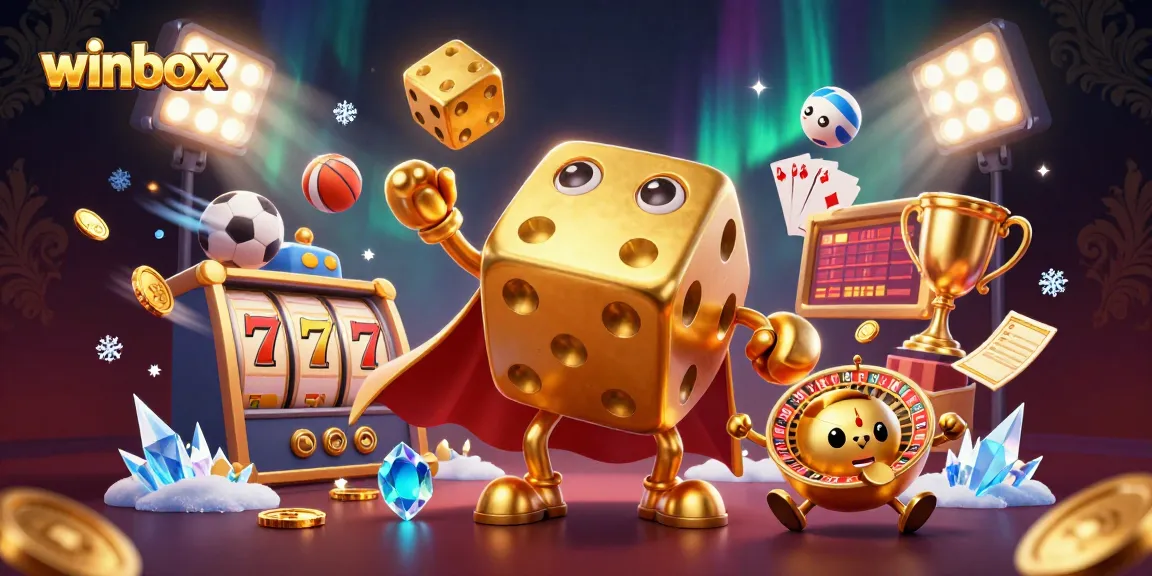 Winbox features a scene with golden dice, lively gaming elements, and vibrant casino energy.