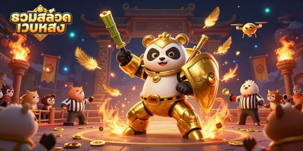 Experience thrilling gameplay in รวมสล็อตเว็บตรง with the mech-suit golden panda battling in a vibrant arena.