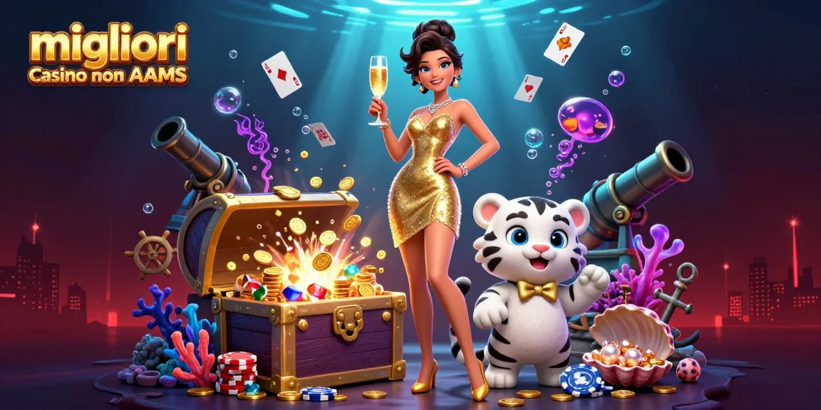 Migliori casino non AAMS presentati in un'illustrazione vibrante 3D con una donna glamour e una tigre fortunata.