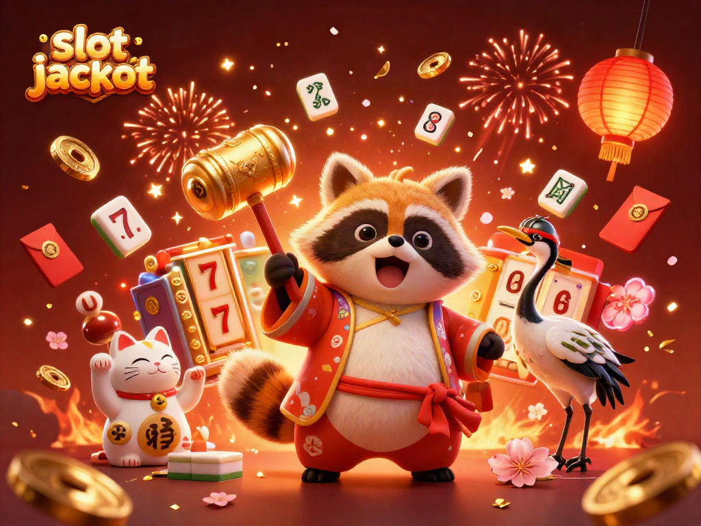 Experience the excitement of slot jackpot with cheerful characters and festive elements in a vibrant casino-themed illustration.
