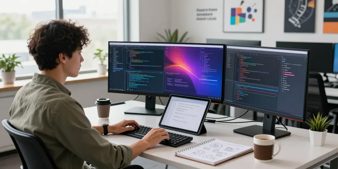 Dynamic software development workspace at teiegramin.com showcasing a modern tech setup with coding monitors and creative workspace elements.