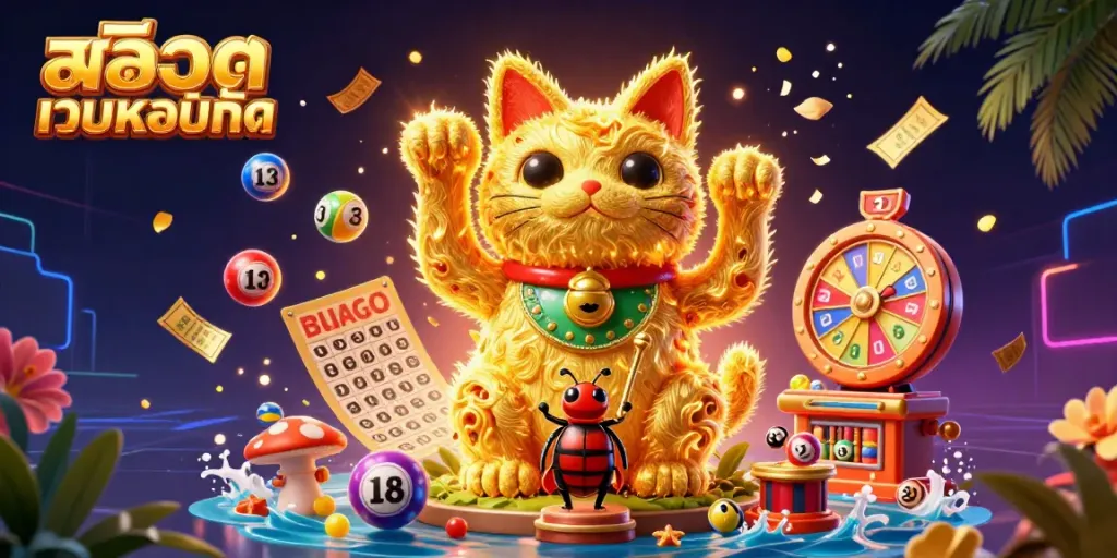 Engage with สล็อตเว็บตรงทั้งหมด amidst a lively casino scene featuring a golden cat and dynamic lottery elements, emphasizing gaming action.