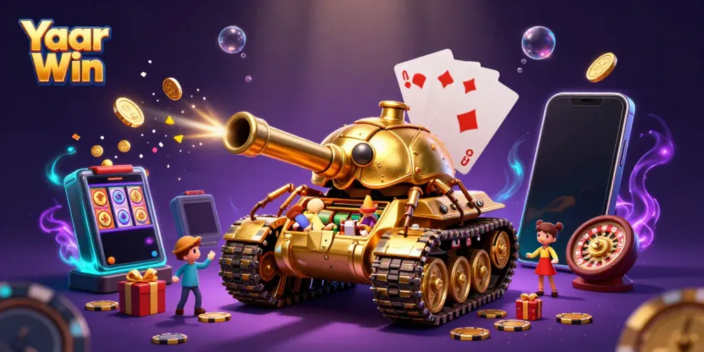 Spin colorful slot games and enjoy the Yaar Win casino experience with golden coins and vibrant visuals.