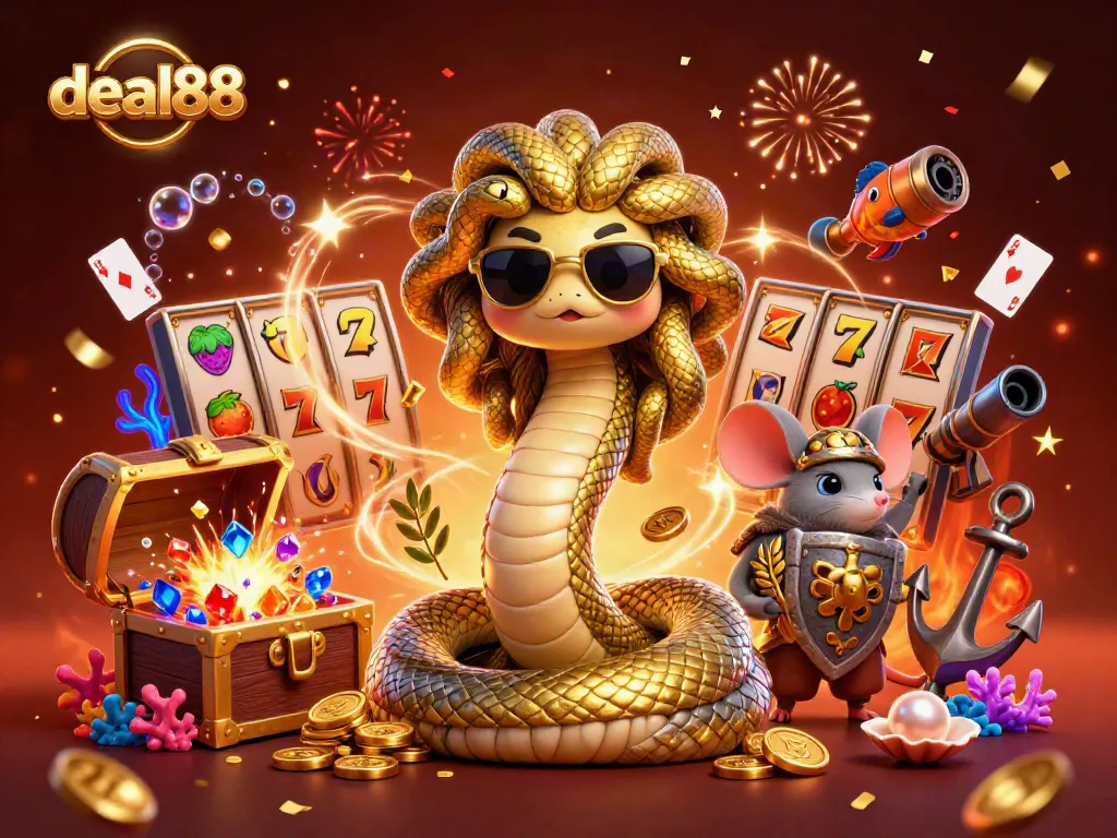 Experience thrilling gameplay with deal88 in a vibrant, animated casino scene filled with excitement and treasures.