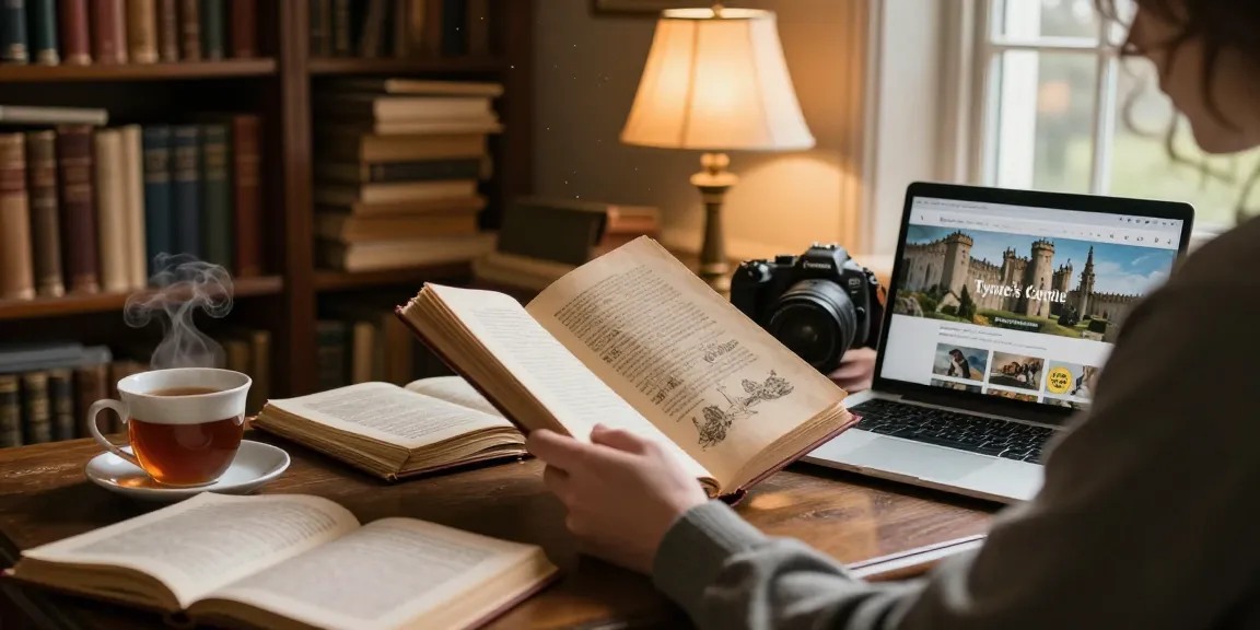 Explore the rich historical content at https://tyntescastle.com in a cozy library setting.