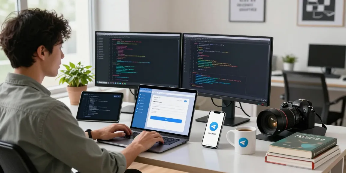 telegram china registration guide with a digital workspace featuring app development tools and Telegram interface.