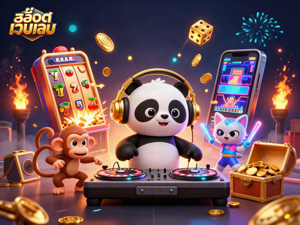 Spin for jackpots with สล็อตเว็บตรง: a DJ panda, breakdancing monkey, and rave kitten create vibrant casino fun.