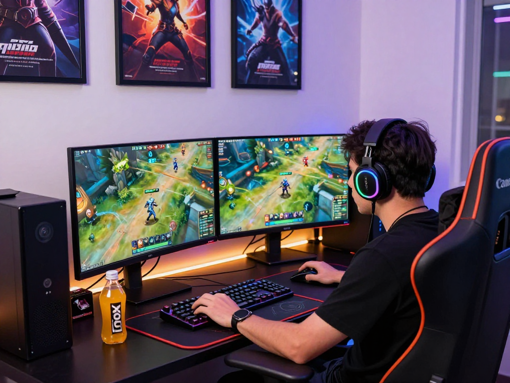 Gamer focused on rokok88 link alternatif in vibrant multiplayer battle setup with RGB lighting and dynamic environment.