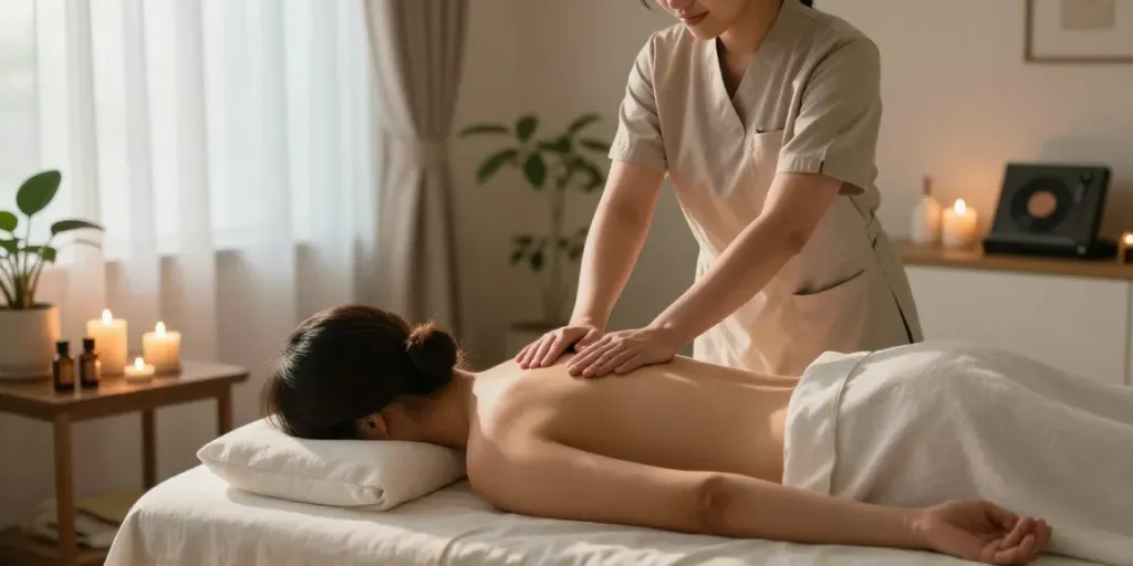 Relaxing 역삼동출장마사지 scene with a professional in a serene home setting
