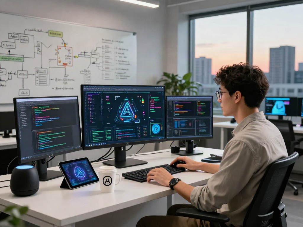 Data scientist using an AI detector in a modern tech workspace with vibrant data visualizations and coding scripts.